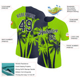 Custom Neon Green Navy-White Hawaii Tropical Coastal Palm Trees Performance T-Shirt