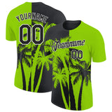 Custom Neon Green Black-White Hawaii Tropical Coastal Palm Trees Performance T-Shirt