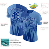 Custom Light Blue Royal-White Hawaii Tropical Coastal Palm Trees Performance T-Shirt