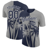 Custom Gray Navy-White Hawaii Tropical Coastal Palm Trees Performance T-Shirt