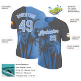 Custom Steel Gray Light Blue-White Hawaii Tropical Coastal Palm Trees Performance T-Shirt