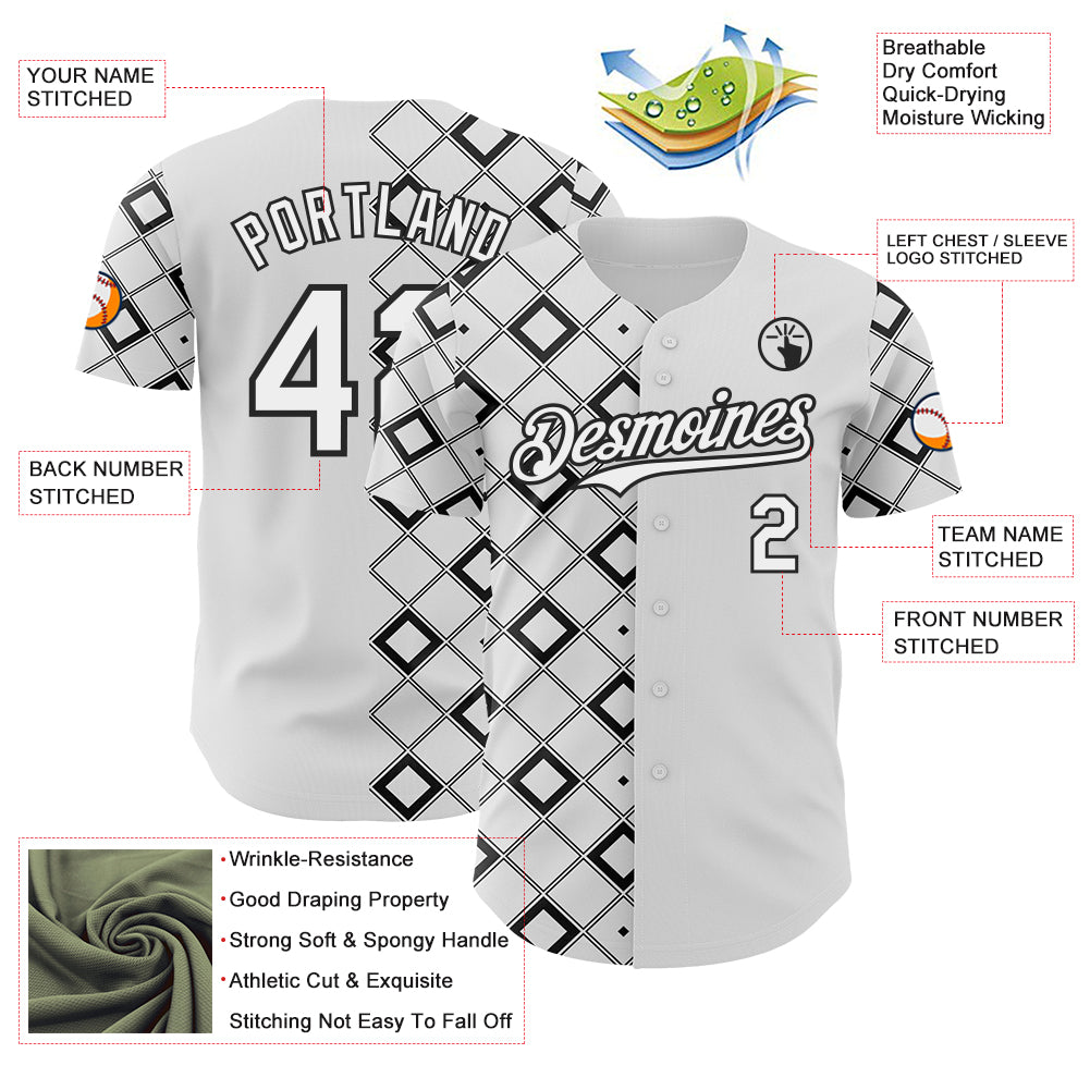 Custom White-Black Geometric Diamond Grid Rhombus Authentic Baseball Jersey