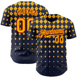 Custom Navy Gold-Red Geometric Diamond Grid Rhombus Authentic Baseball Jersey