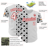 Custom White Black-Red Geometric Diamond Grid Rhombus Authentic Baseball Jersey