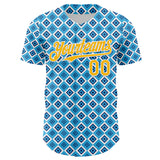 Custom Blue Gold-White Geometric Diamond Grid Rhombus Authentic Baseball Jersey