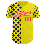 Custom Light Yellow Orange Navy-White Geometric Diamond Grid Rhombus Authentic Baseball Jersey