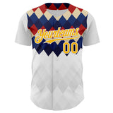 Custom White Gold Red Blue-Cream Geometric Diamond Grid Rhombus Authentic Baseball Jersey