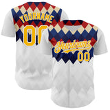 Custom White Gold Red Blue-Cream Geometric Diamond Grid Rhombus Authentic Baseball Jersey