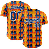 Custom Gold US Navy Blue Orange-White Geometric Diamond Grid Rhombus Authentic Baseball Jersey