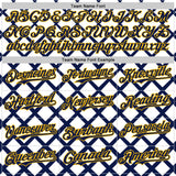 Custom White Navy-Gold Geometric Diamond Grid Rhombus Authentic Baseball Jersey