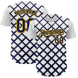 Custom White Navy-Gold Geometric Diamond Grid Rhombus Authentic Baseball Jersey