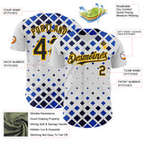 Custom White Black Blue-Gold Geometric Diamond Grid Rhombus Authentic Baseball Jersey
