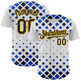 Custom White Black Blue-Gold Geometric Diamond Grid Rhombus Authentic Baseball Jersey
