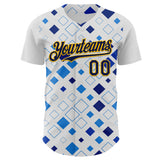 Custom White Navy Blue-Gold Geometric Diamond Grid Rhombus Authentic Baseball Jersey