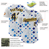 Custom White Navy Blue-Gold Geometric Diamond Grid Rhombus Authentic Baseball Jersey
