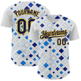 Custom White Navy Blue-Gold Geometric Diamond Grid Rhombus Authentic Baseball Jersey