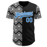 Custom Black Electric Blue-White Geometric Diamond Grid Rhombus Authentic Baseball Jersey