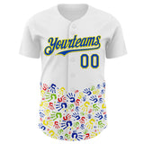 Custom White Thunder Blue-Light Yellow Autism Acceptance Handprint Rainbow Infinity Authentic Baseball Jersey