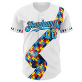 Custom White Sky Blue-Black Autism Awareness Support Puzzle Infinity Authentic Baseball Jersey