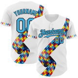 Custom White Sky Blue-Black Autism Awareness Support Puzzle Infinity Authentic Baseball Jersey