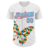 Custom White Sky Blue-Fire Red Autism Awareness Puzzle Infinity Butterfly Authentic Baseball Jersey