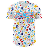 Custom White Sky Blue-Fire Red Autism Awareness Puzzle Infinity Authentic Baseball Jersey