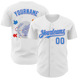 Custom White Electric Blue-Light Purple Autism Awareness Support Authentic Baseball Jersey