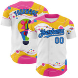 Custom White Electric Blue-Navy Autism Awareness Puzzle Infinity Lightbulb Authentic Baseball Jersey