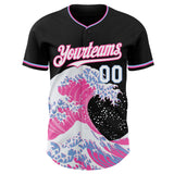 Custom Black White Pink-Light Blue Japanese Wave Authentic Baseball Jersey