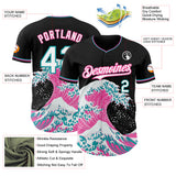 Custom Black White Pink-Teal Japanese Wave Authentic Baseball Jersey