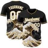 Custom Black White-Old Gold Japanese Wave Authentic Baseball Jersey