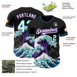 Custom Black White Purple-Teal Japanese Wave Authentic Baseball Jersey