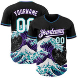 Custom Black White Purple-Teal Japanese Wave Authentic Baseball Jersey