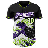 Custom Black White Purple-Neon Green Japanese Wave Authentic Baseball Jersey