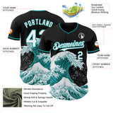 Custom Black White-Teal Japanese Wave Authentic Baseball Jersey