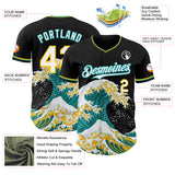 Custom Black White Teal-Yellow Japanese Wave Authentic Baseball Jersey