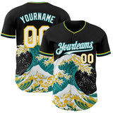 Custom Black White Teal-Yellow Japanese Wave Authentic Baseball Jersey