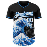 Custom Black White-Electric Blue Japanese Wave Authentic Baseball Jersey
