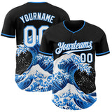 Custom Black White-Electric Blue Japanese Wave Authentic Baseball Jersey