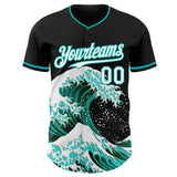 Custom Black White-Aqua Japanese Wave Authentic Baseball Jersey