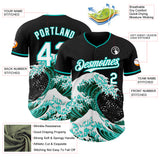 Custom Black White-Aqua Japanese Wave Authentic Baseball Jersey