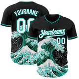 Custom Black White-Aqua Japanese Wave Authentic Baseball Jersey