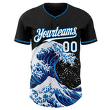 Custom Black White-Blue Japanese Wave Authentic Baseball Jersey