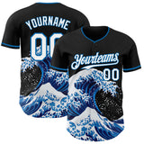 Custom Black White-Blue Japanese Wave Authentic Baseball Jersey