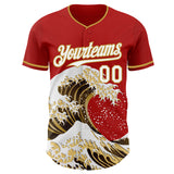 Custom Red White-Old Gold Japanese Wave Authentic Baseball Jersey