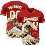 Custom Red White-Old Gold Japanese Wave Authentic Baseball Jersey