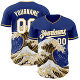 Custom Royal White-Old Gold Japanese Wave Authentic Baseball Jersey