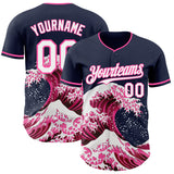 Custom Navy White-Pink Japanese Wave Authentic Baseball Jersey