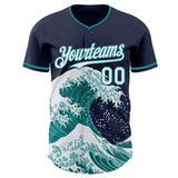 Custom Navy White-Teal Japanese Wave Authentic Baseball Jersey