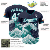 Custom Navy White-Teal Japanese Wave Authentic Baseball Jersey